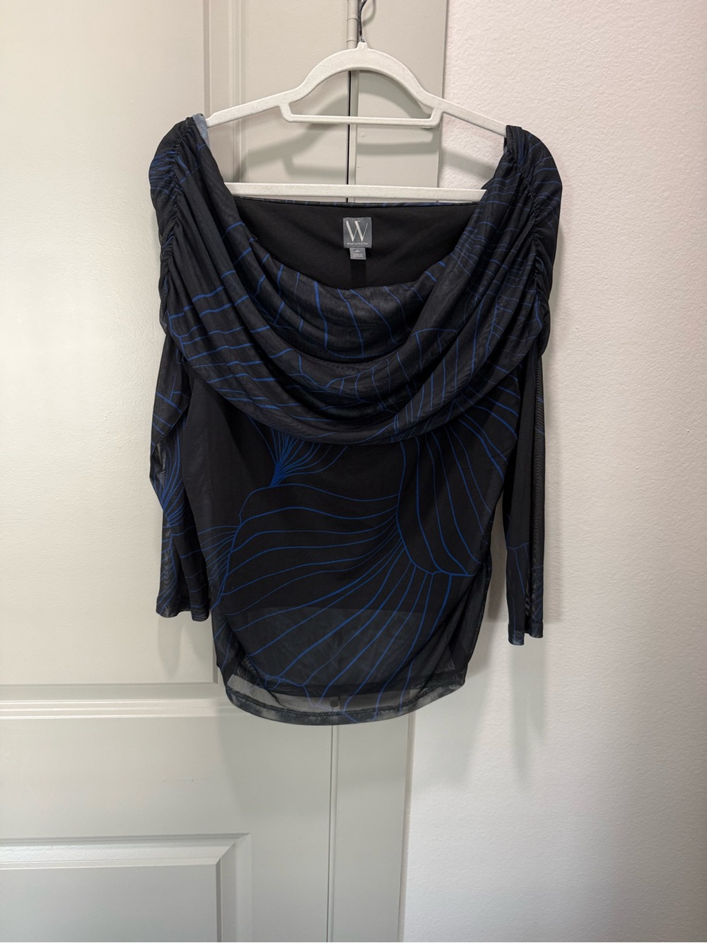 Worthington Black Top with Blue Wave Print and Draped Cowl Neck
